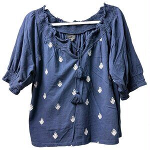 LUCKY BRAND Off Shoulder Navy Embroidered Womens Size L Blouse Top
